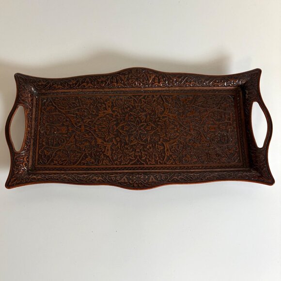 Decorative Turkish Coffee or Tea Serving Tray Metal Footed Ornate Aged Brown - Picture 1 of 8